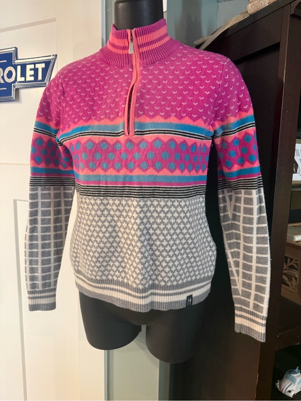 Neve Bright Patterned Half-Zip Sweater - Pink, Turquoise, Gray, WOOL NWOT